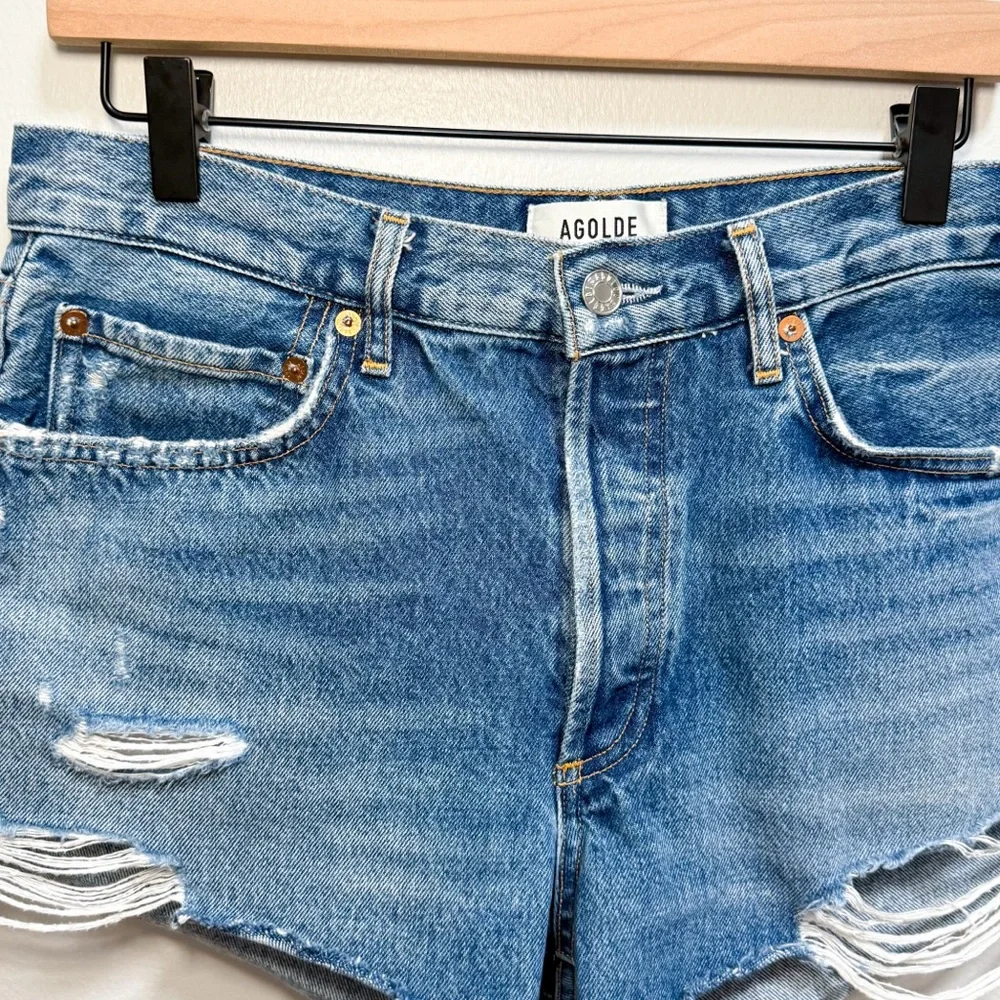 Agolde Parker denim shorts high rise distressed cutoff jean shorts western beach - Picture 6 of 12